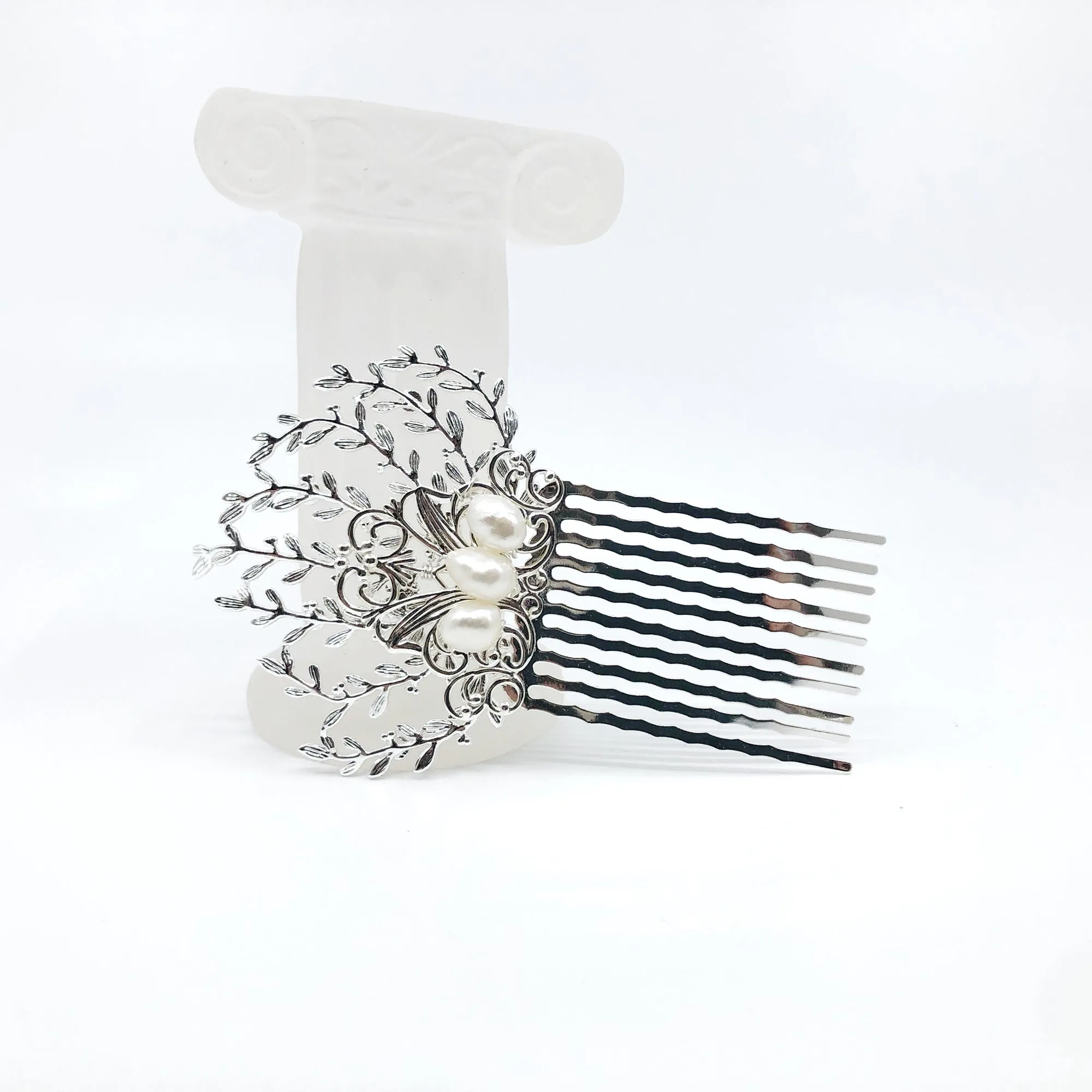 Vine Hair Comb Silver with Baroque Pearls