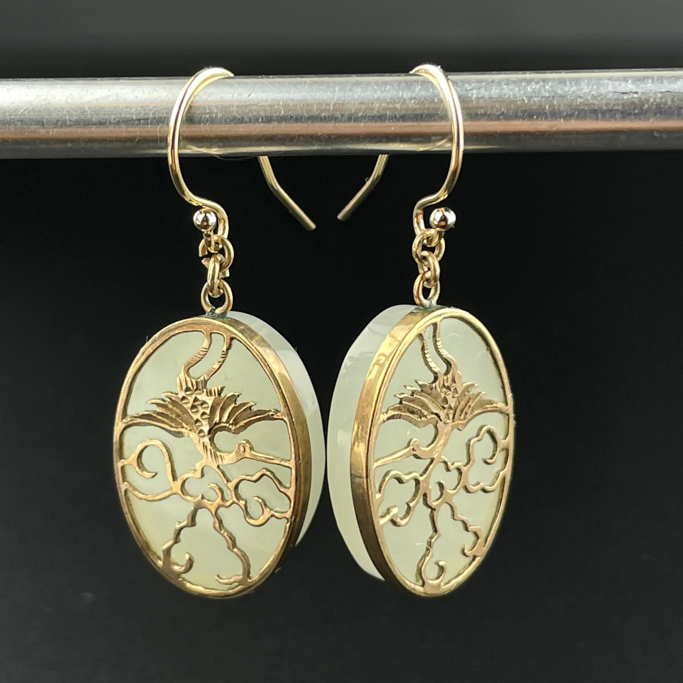 Vintage 14K Gold Crane Jade Dangle Earrings