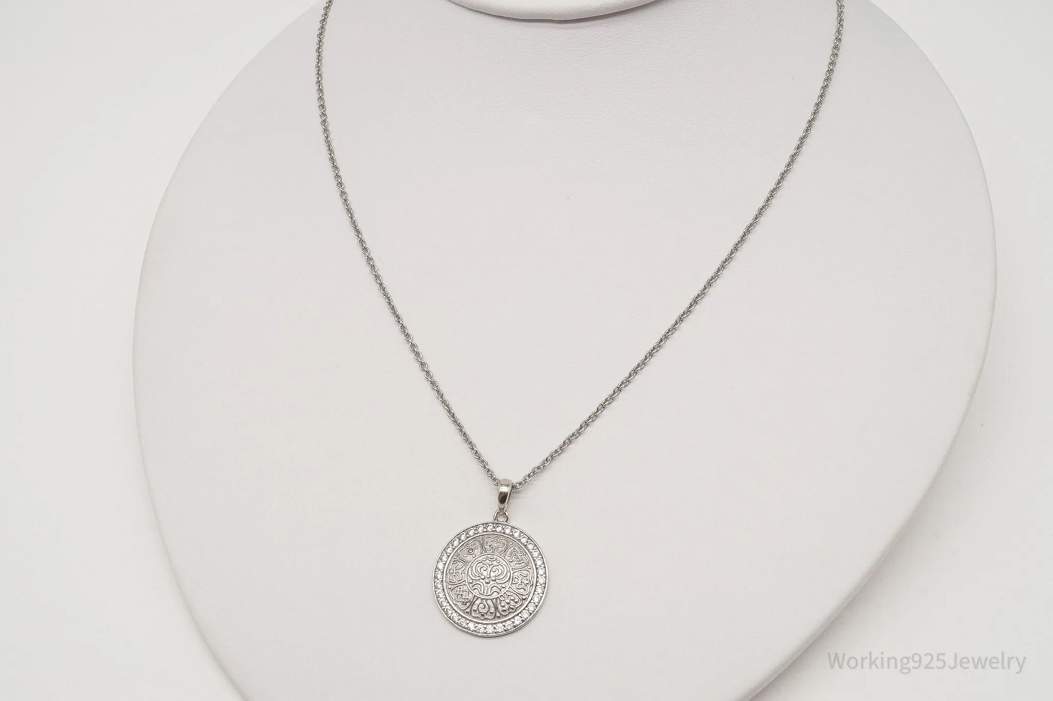 Vintage Ancient Tibet Coin Design CZ Sterling Silver Necklace 18"