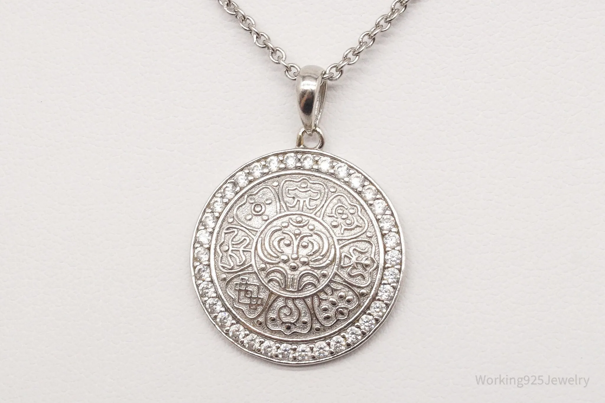 Vintage Ancient Tibet Coin Design CZ Sterling Silver Necklace 18"