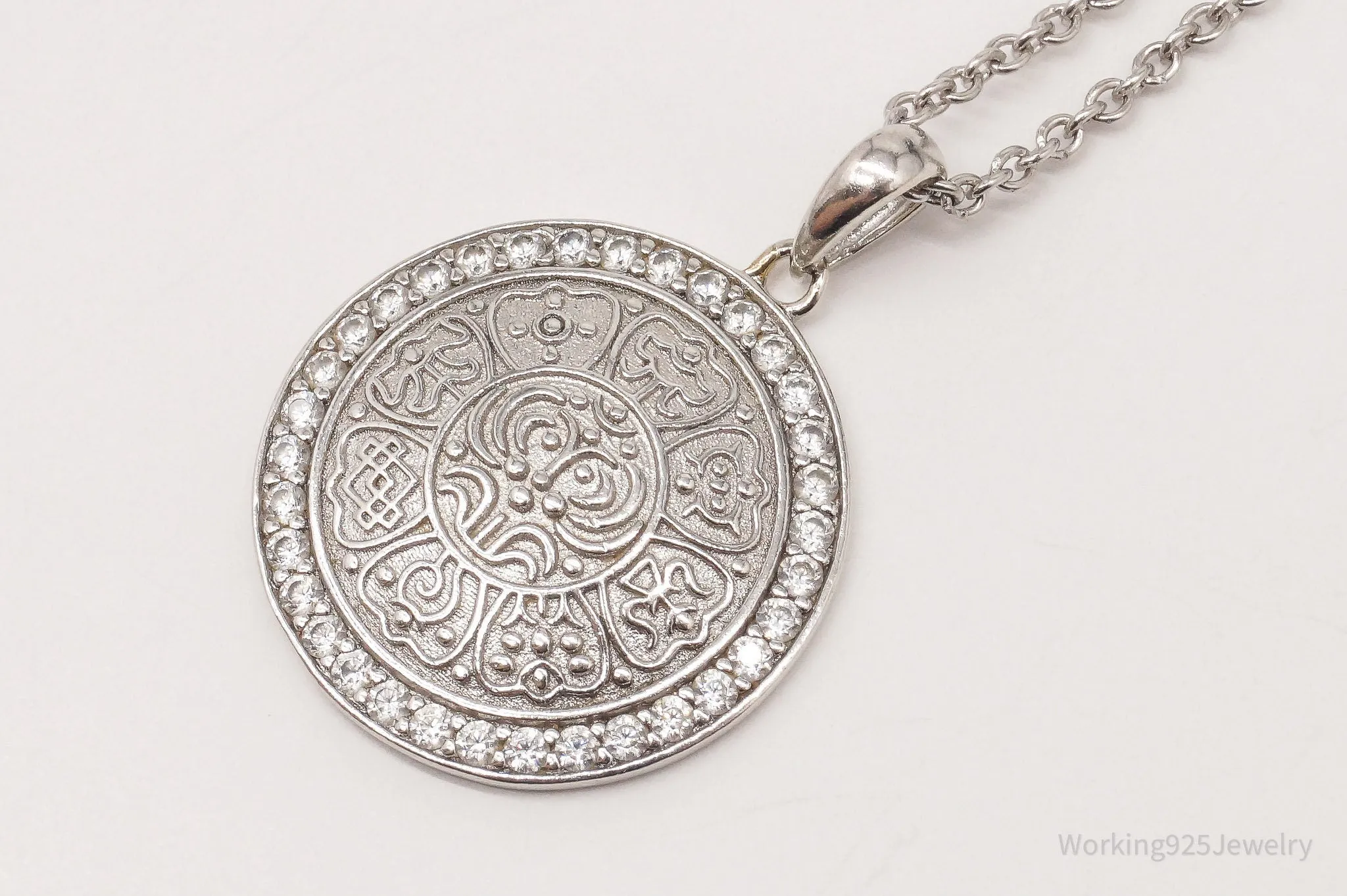 Vintage Ancient Tibet Coin Design CZ Sterling Silver Necklace 18"