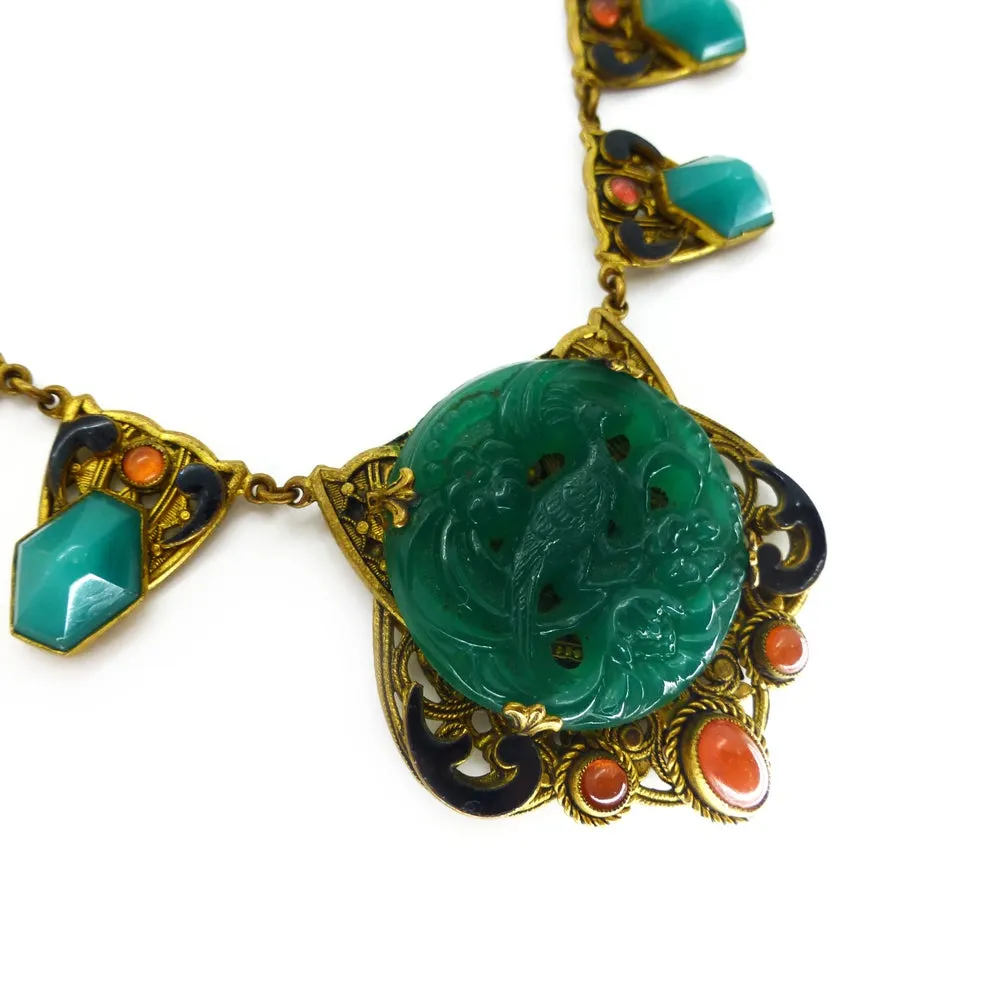 Vintage Art Deco Czech Peach & Green Glass Peacock Cabochon Filigree Panel Necklace