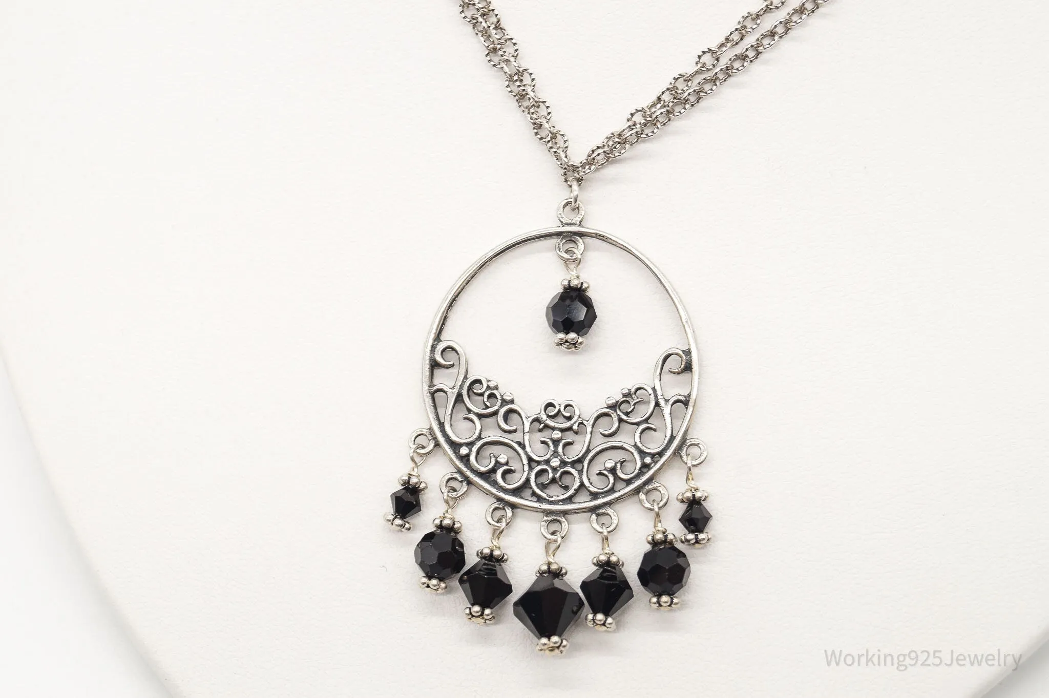 Vintage Black Onyx Bead Chandelier Sterling Silver Necklace