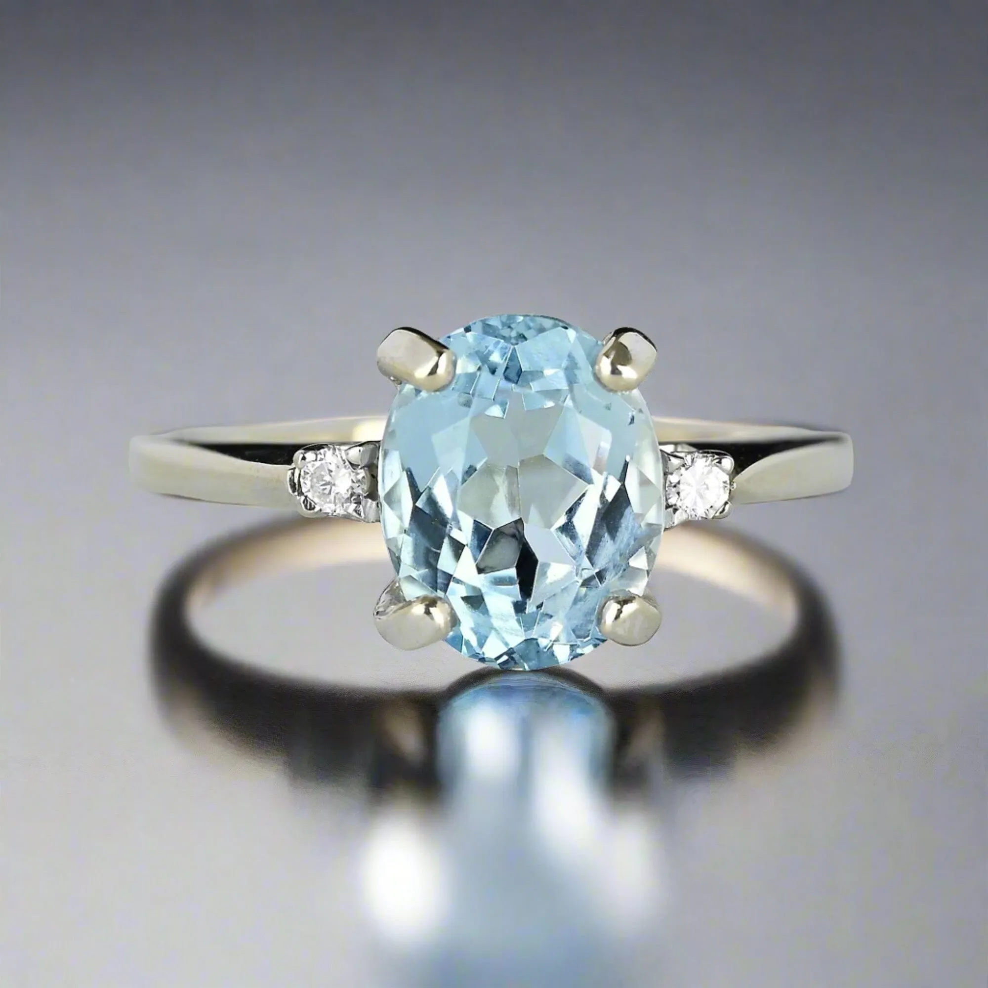 Vintage Diamond Accent Aquamarine Solitaire Ring in White Gold