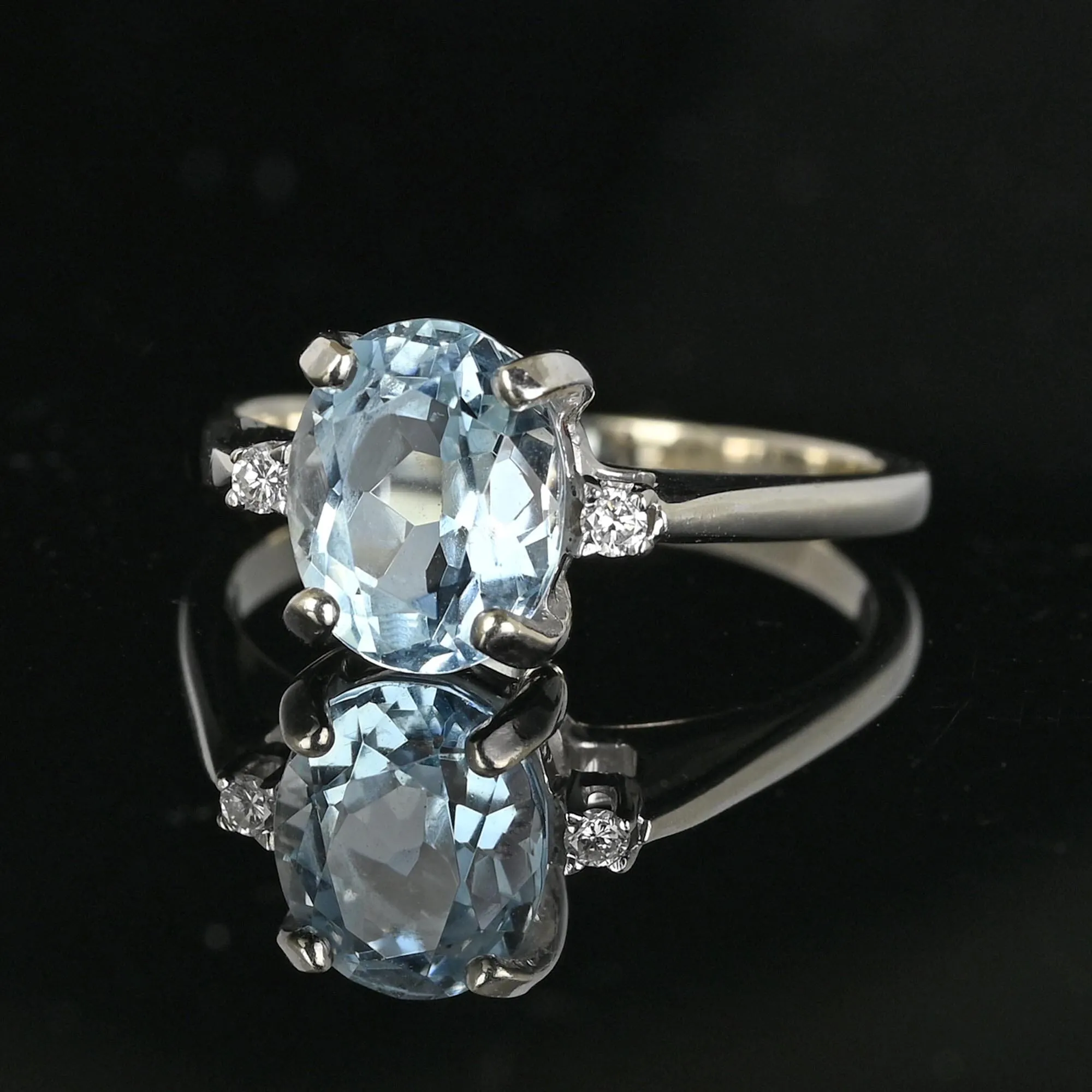 Vintage Diamond Accent Aquamarine Solitaire Ring in White Gold