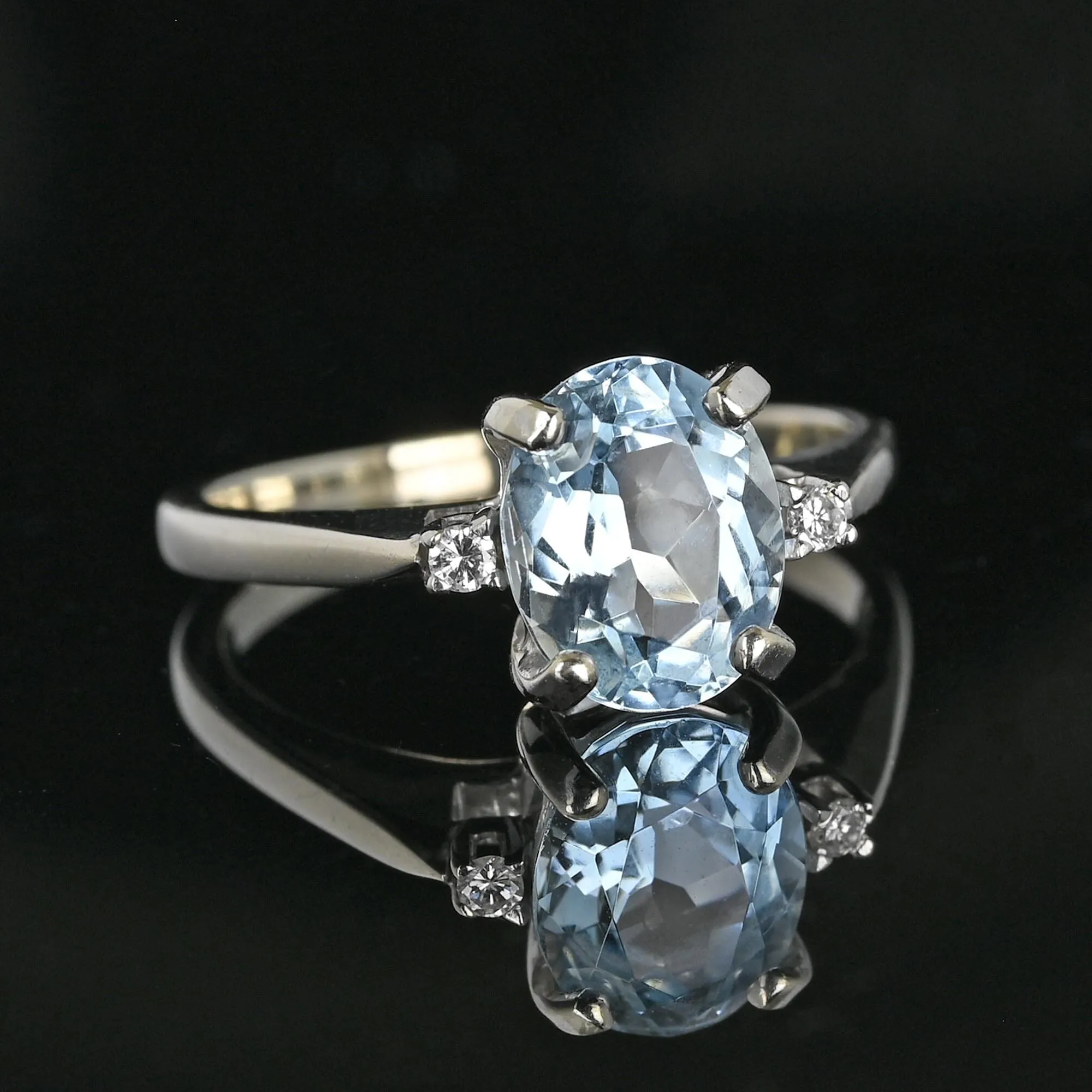 Vintage Diamond Accent Aquamarine Solitaire Ring in White Gold