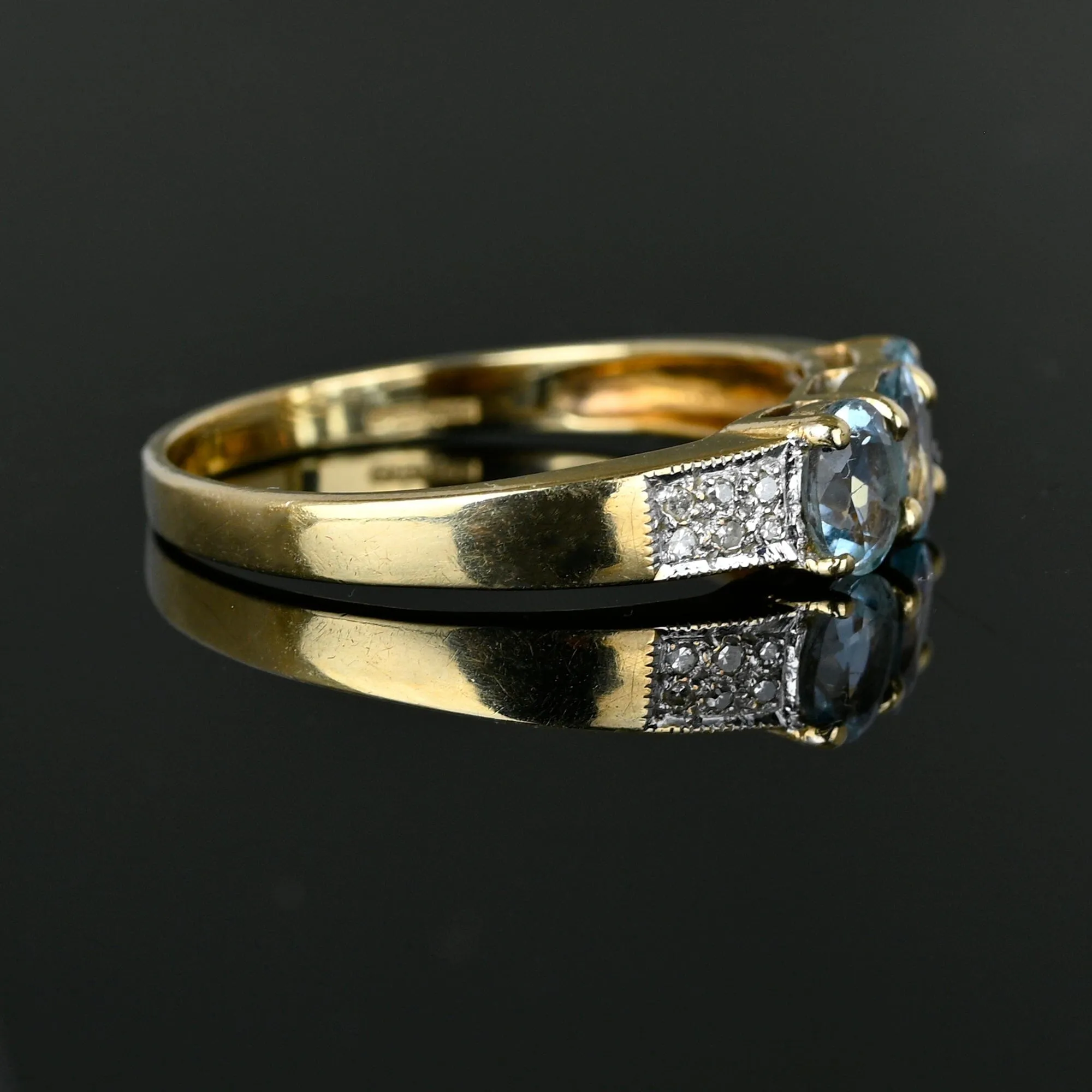 Vintage Diamond Three Stone Aquamarine Ring in Gold