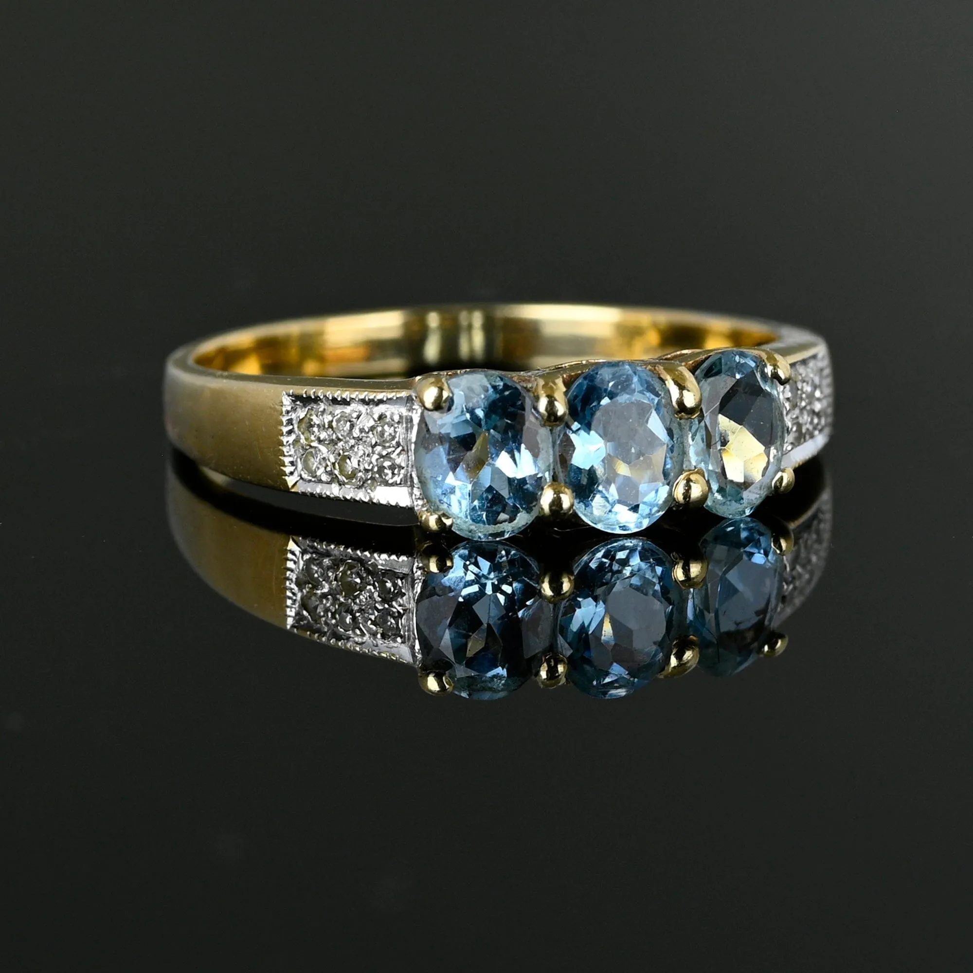 Vintage Diamond Three Stone Aquamarine Ring in Gold