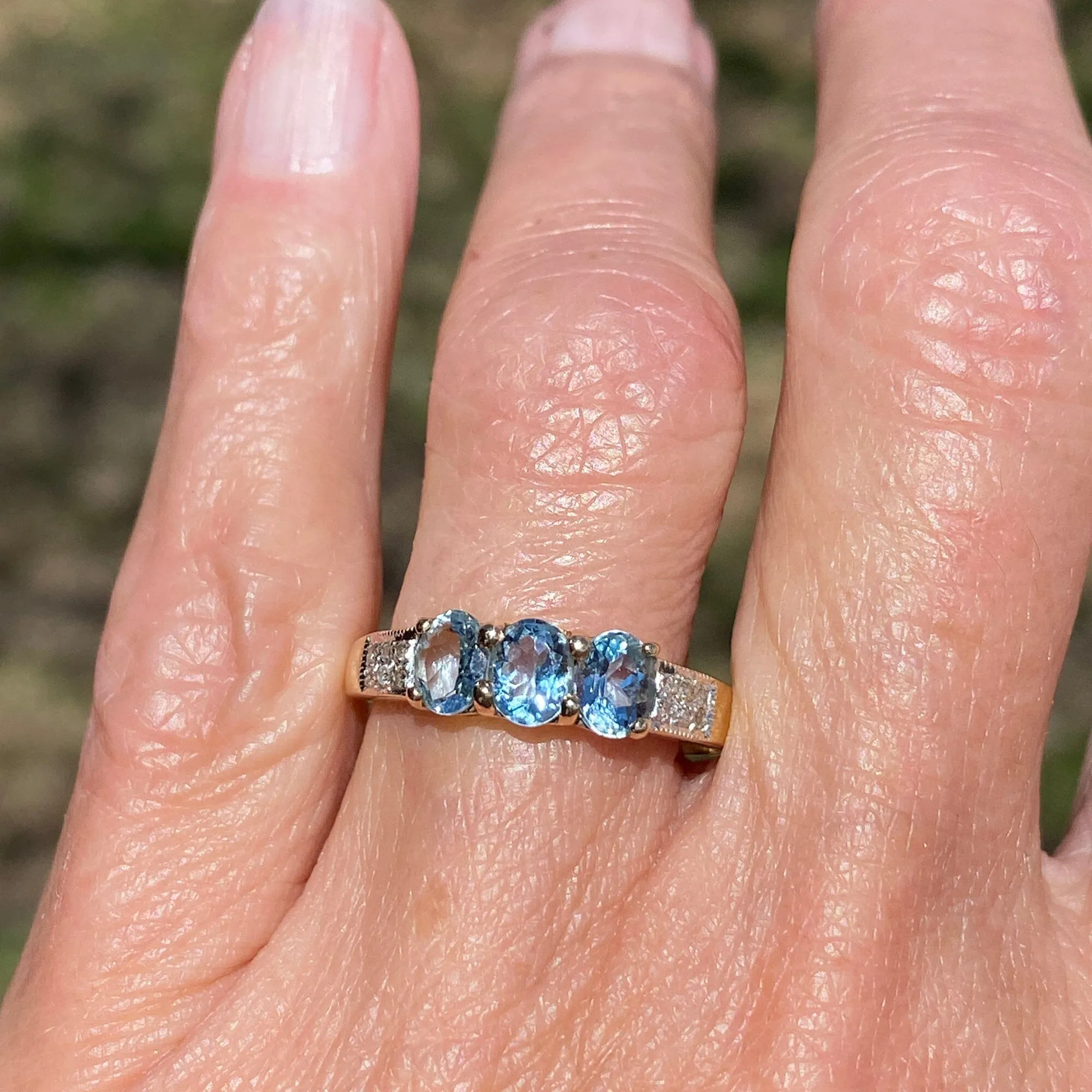 Vintage Diamond Three Stone Aquamarine Ring in Gold