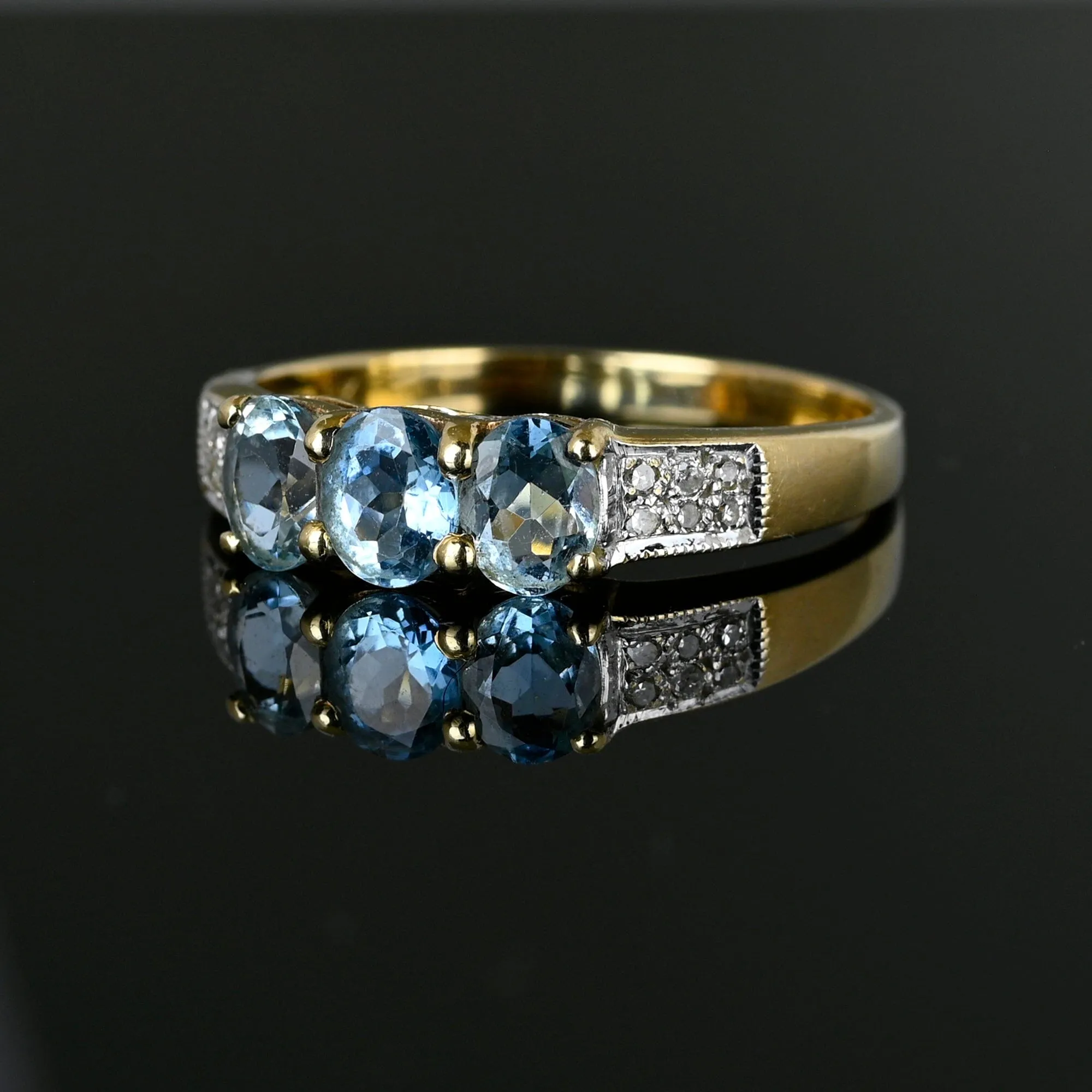 Vintage Diamond Three Stone Aquamarine Ring in Gold