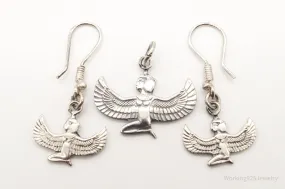 Vintage Egyptian Winged Goddess Isis Sterling Silver Pendant Earrings Set