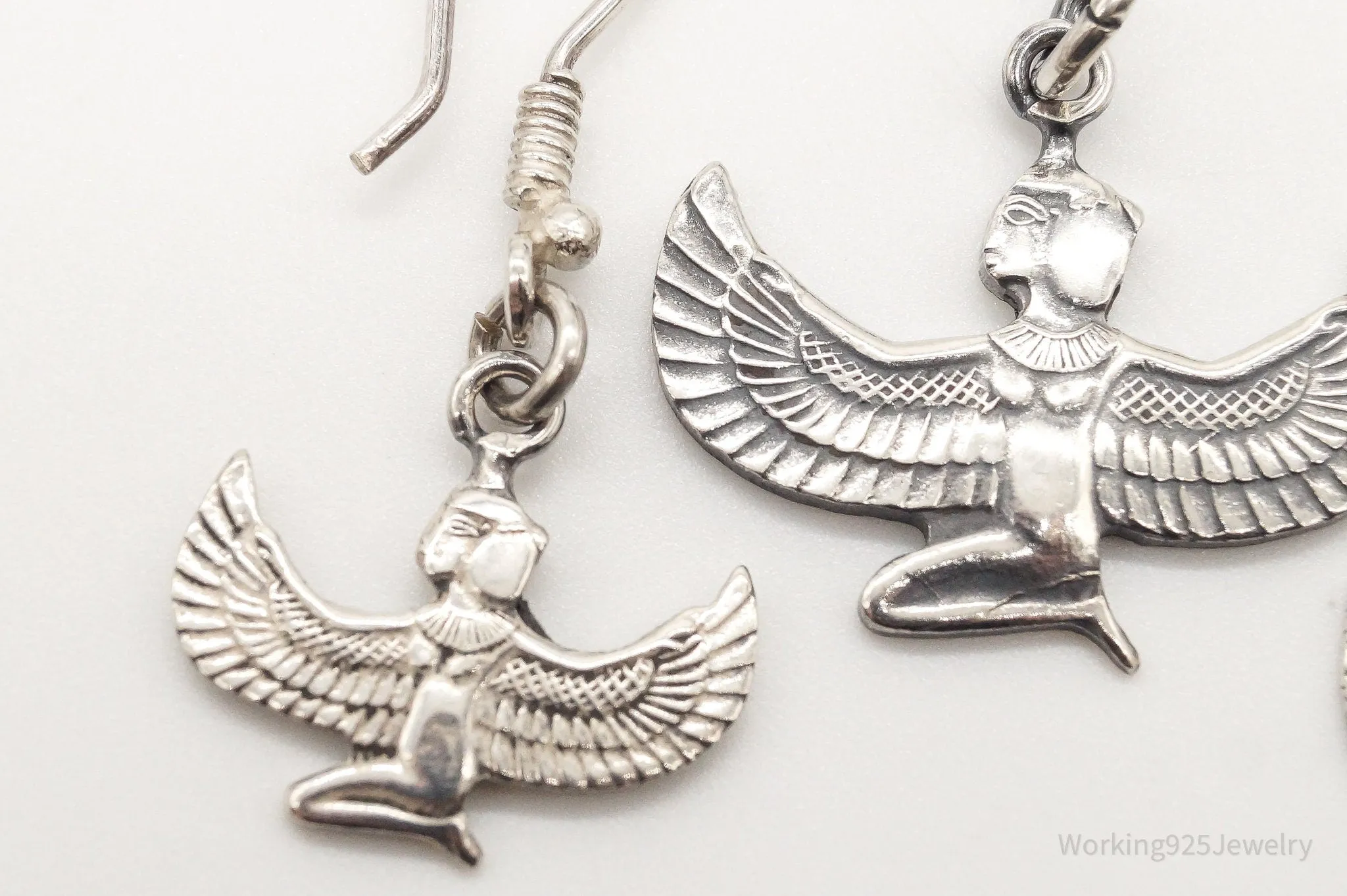 Vintage Egyptian Winged Goddess Isis Sterling Silver Pendant Earrings Set