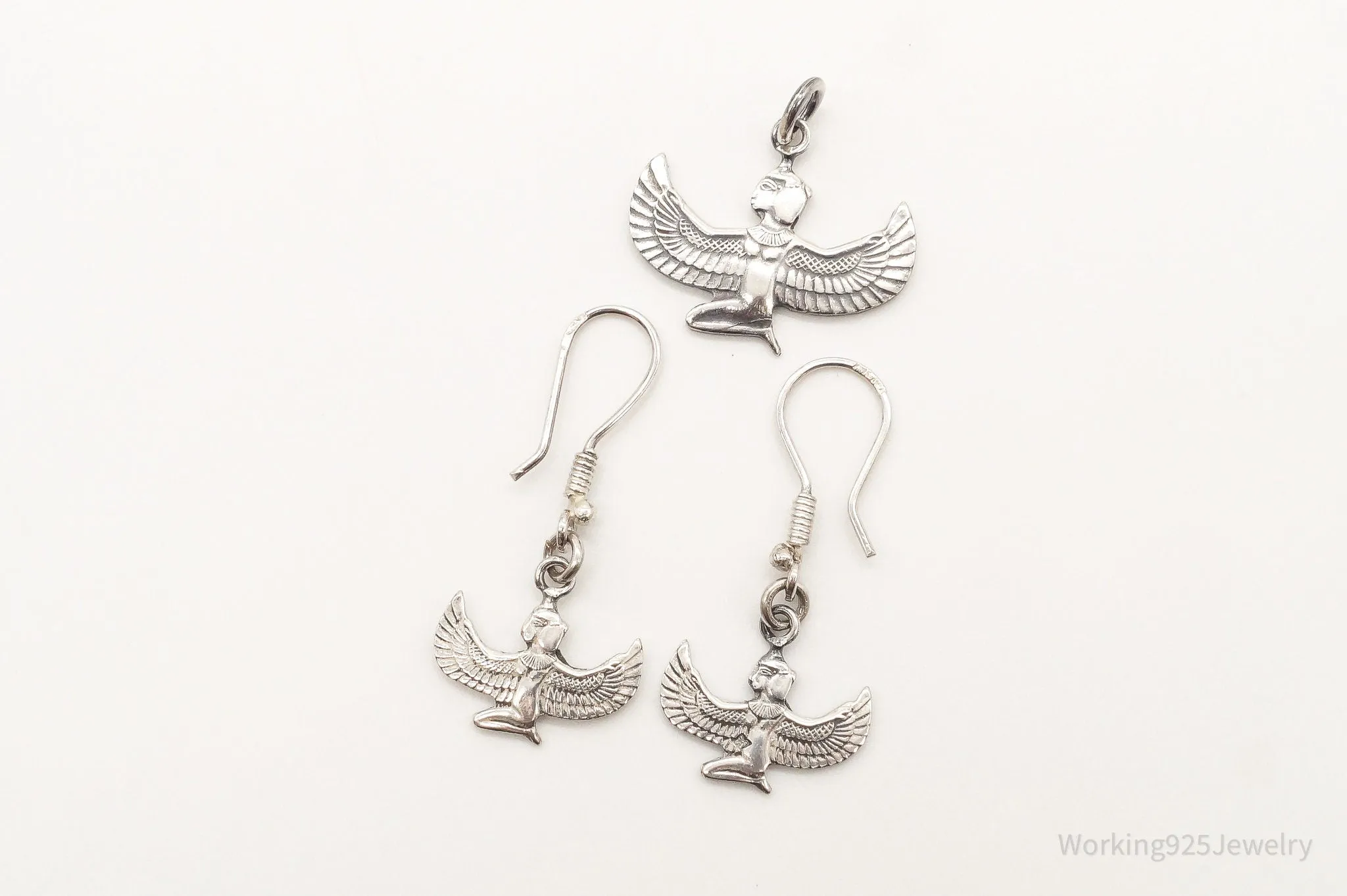 Vintage Egyptian Winged Goddess Isis Sterling Silver Pendant Earrings Set