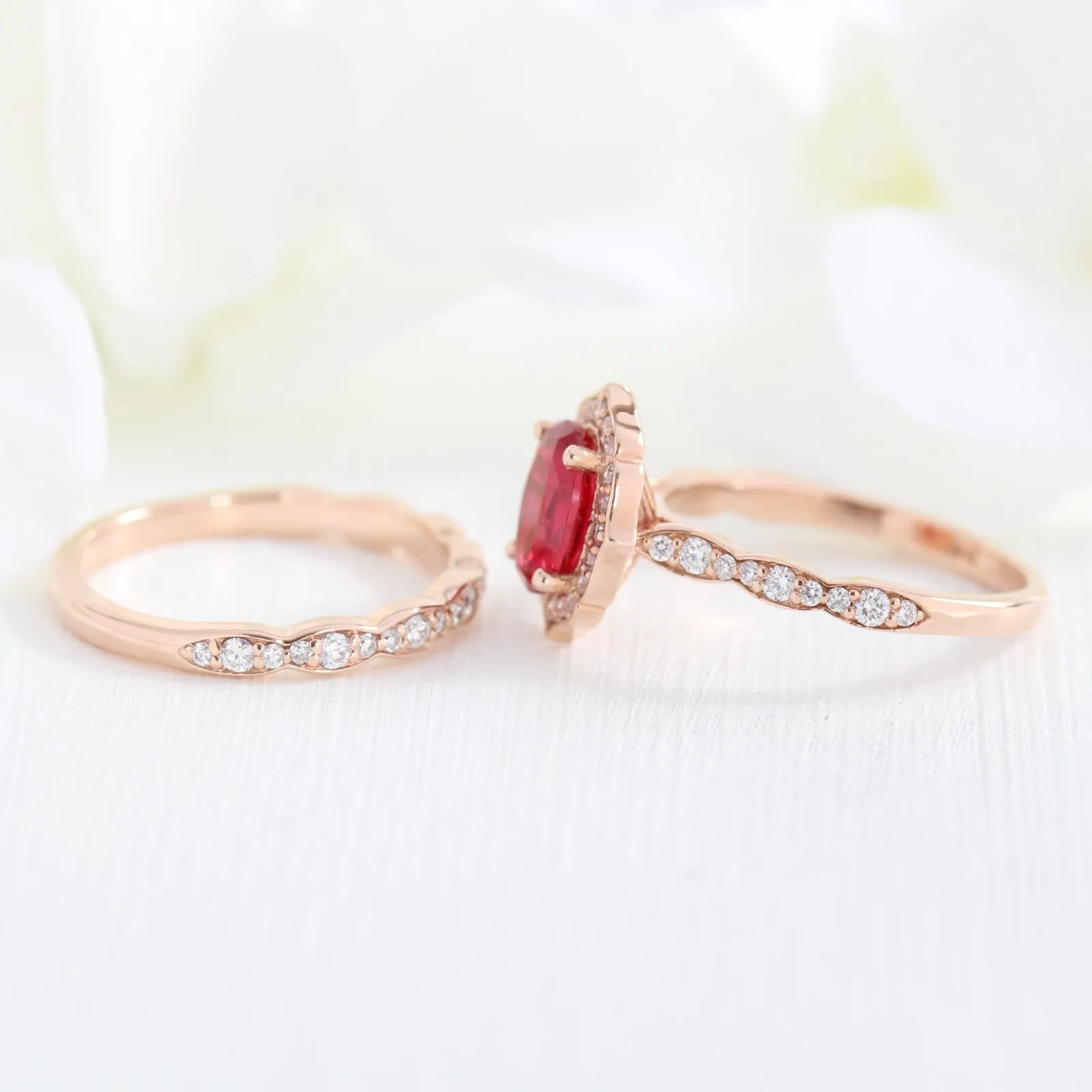 Vintage Floral Bridal Ring Set w/ Oval Ruby and Scalloped Diamond Band