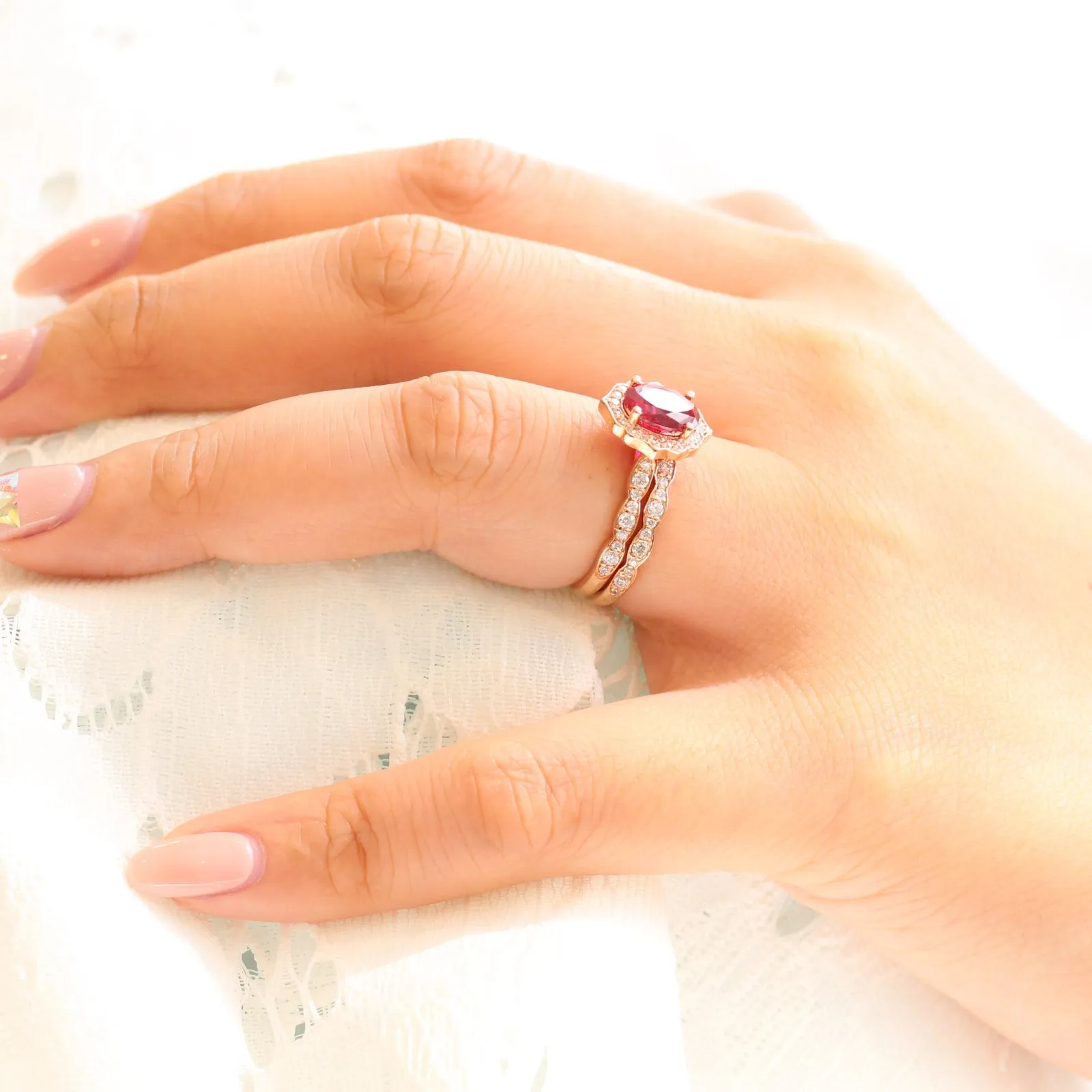 Vintage Floral Bridal Ring Set w/ Oval Ruby and Scalloped Diamond Band