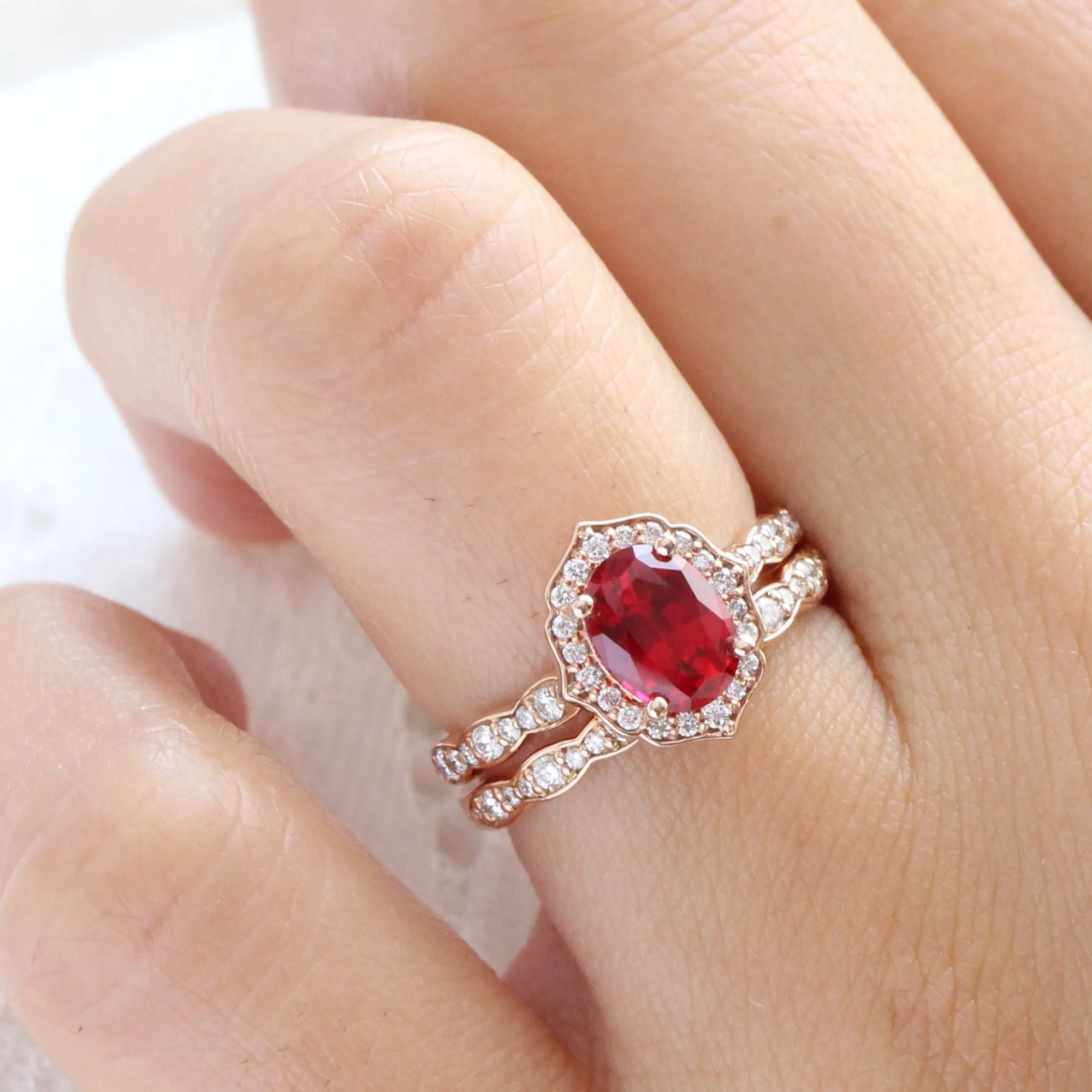 Vintage Floral Bridal Ring Set w/ Oval Ruby and Scalloped Diamond Band