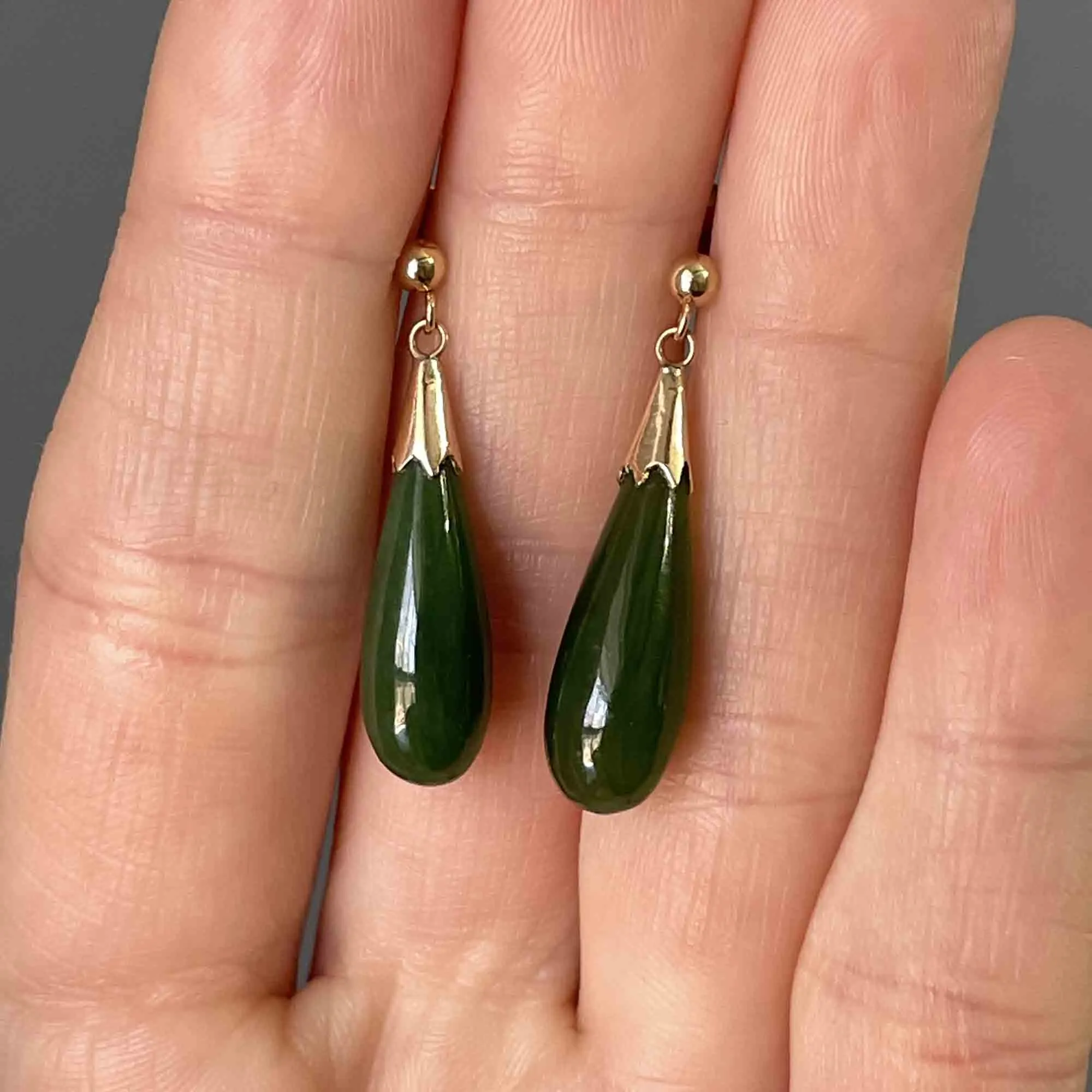 Vintage Natural Jade Teardrop Pendant Earrings in 14K Gold