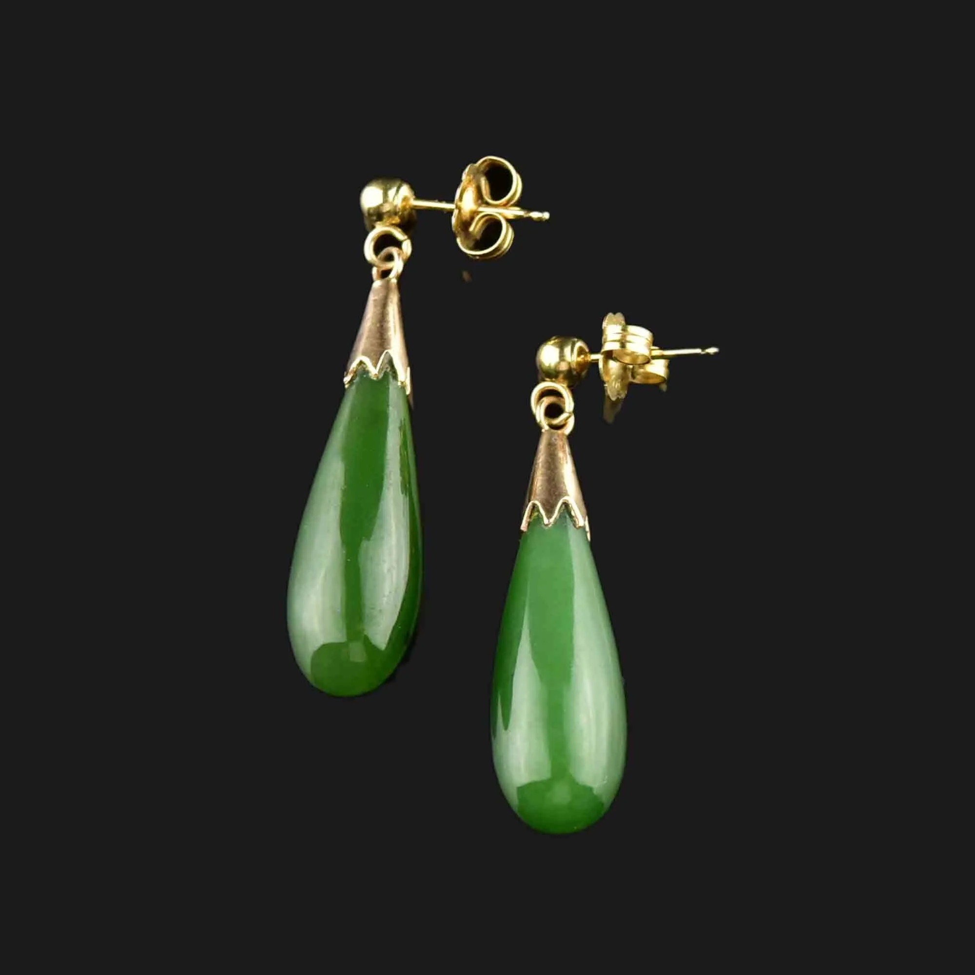 Vintage Natural Jade Teardrop Pendant Earrings in 14K Gold