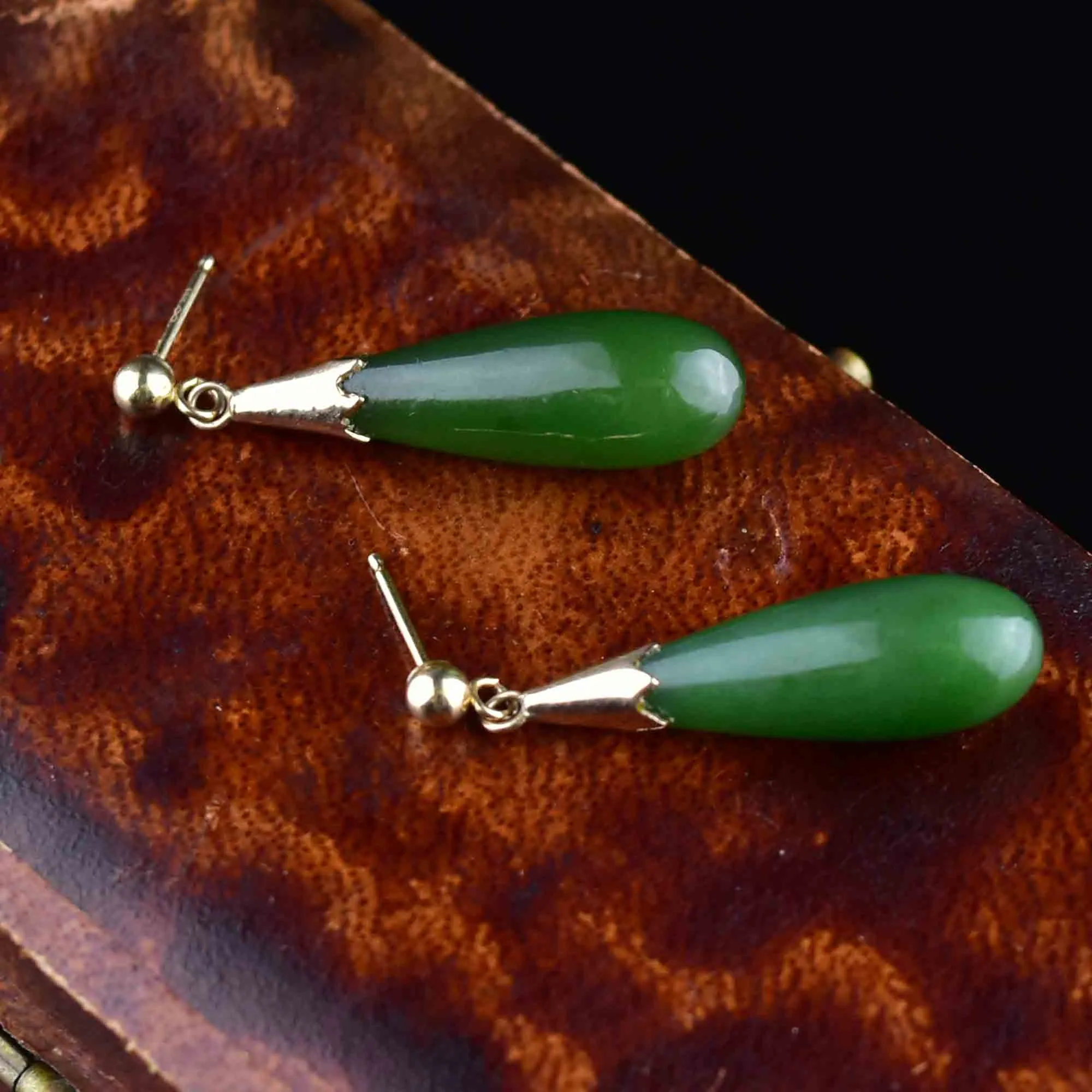 Vintage Natural Jade Teardrop Pendant Earrings in 14K Gold