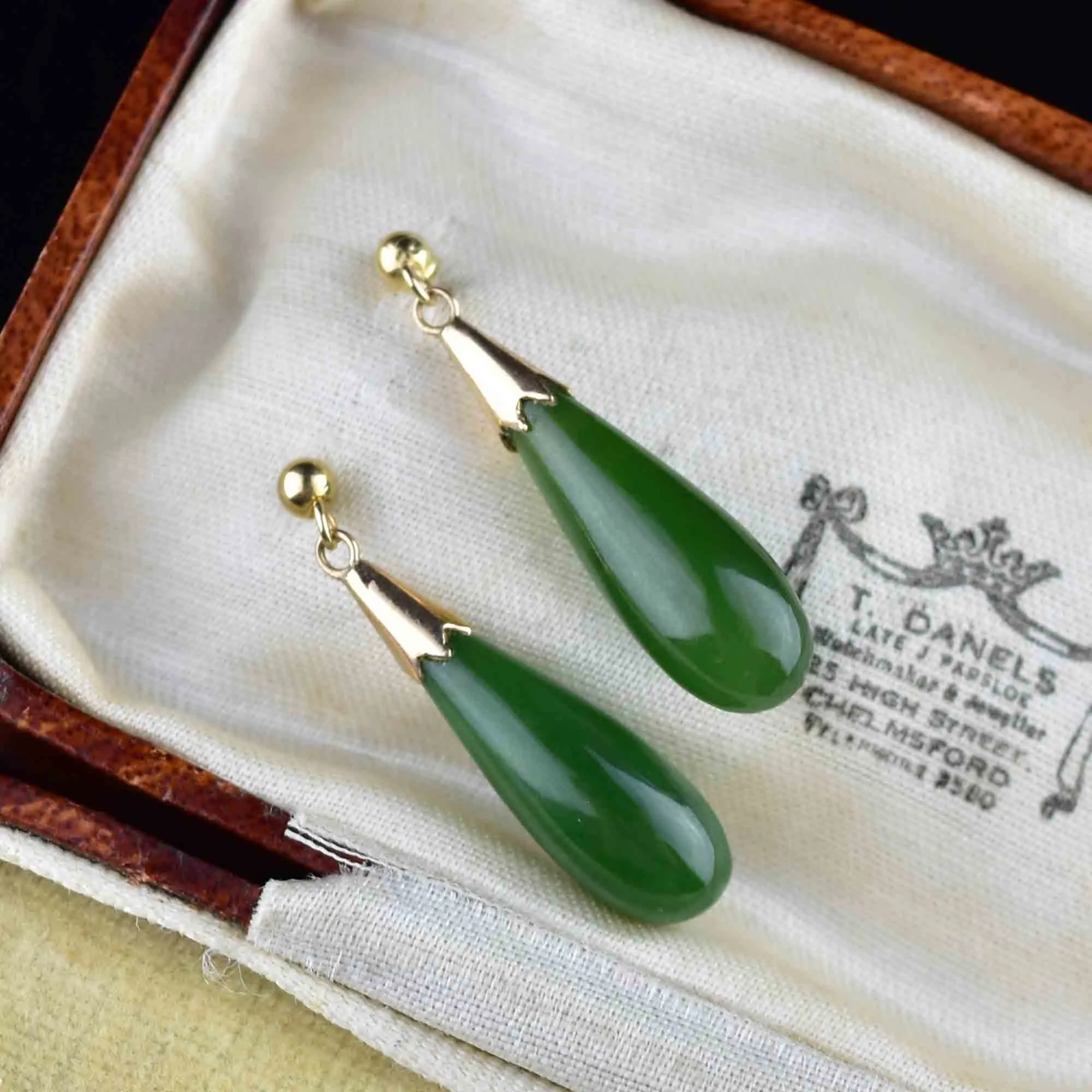 Vintage Natural Jade Teardrop Pendant Earrings in 14K Gold