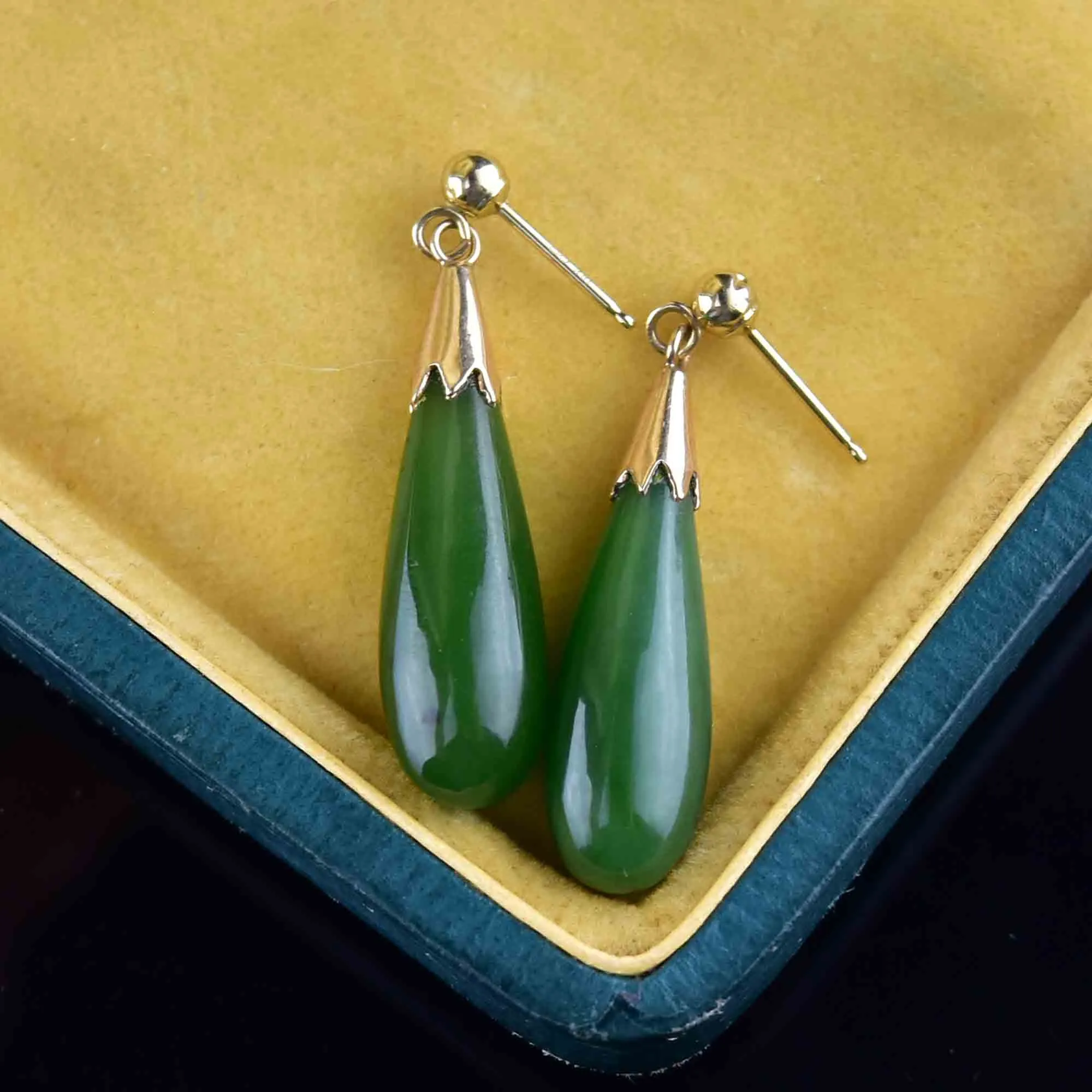 Vintage Natural Jade Teardrop Pendant Earrings in 14K Gold