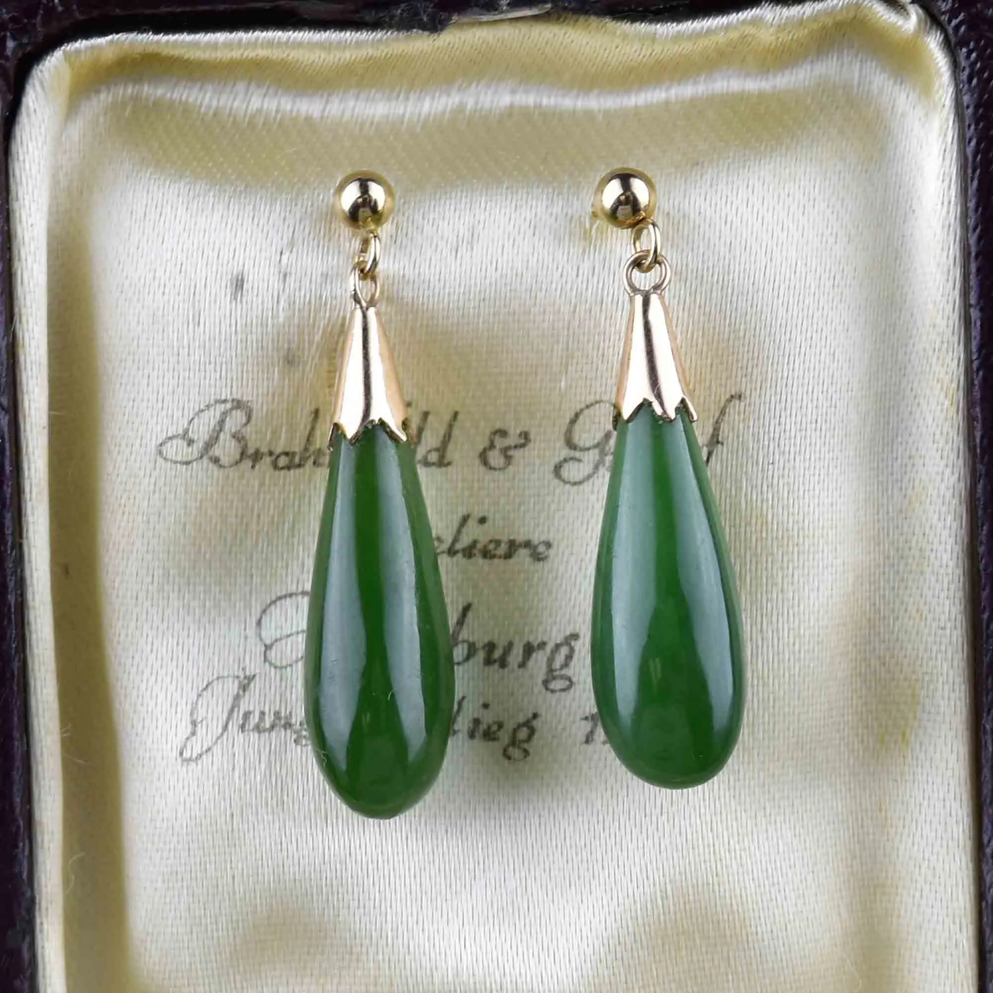 Vintage Natural Jade Teardrop Pendant Earrings in 14K Gold