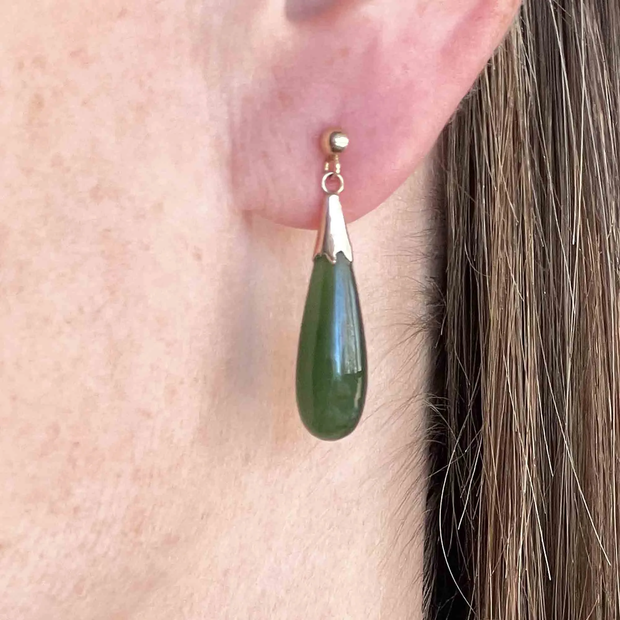 Vintage Natural Jade Teardrop Pendant Earrings in 14K Gold