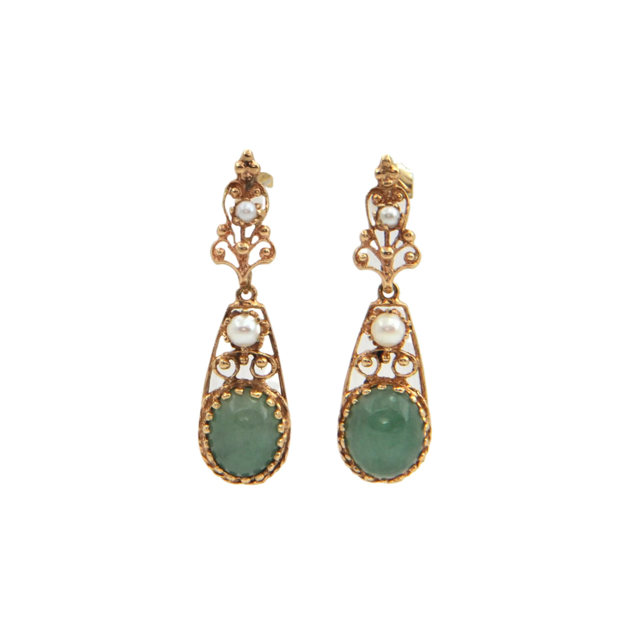 Vintage Pearl and Jade 14k Gold Drop Earrings