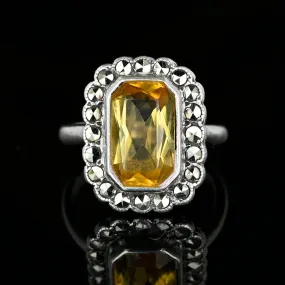 Vintage Silver Marcasite Yellow Citrine Ring