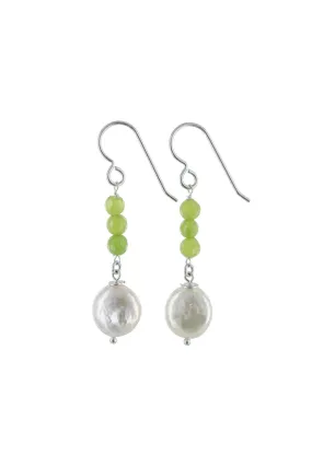 White Coin Pearl, Green Jade Earrings