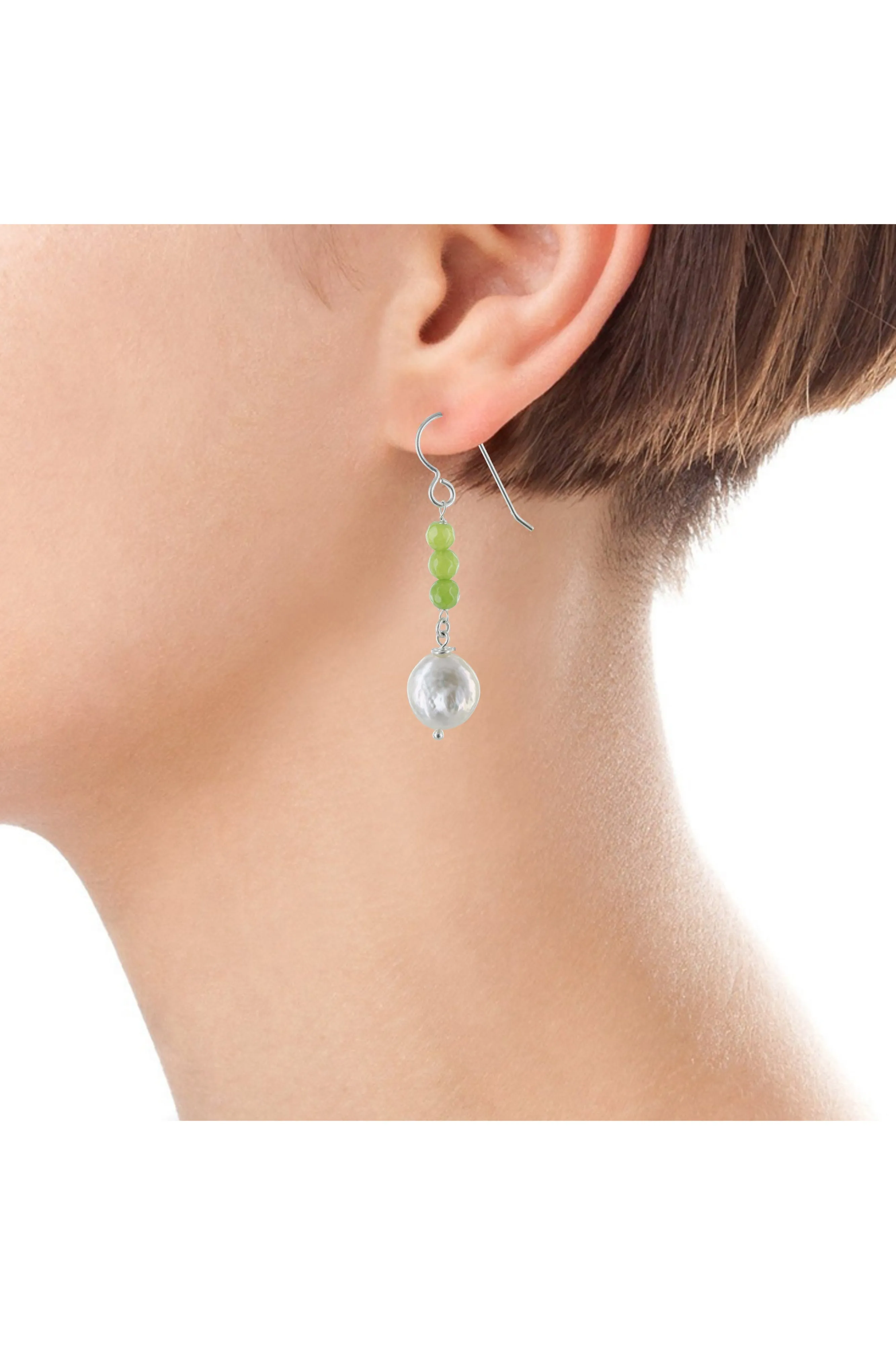 White Coin Pearl, Green Jade Earrings