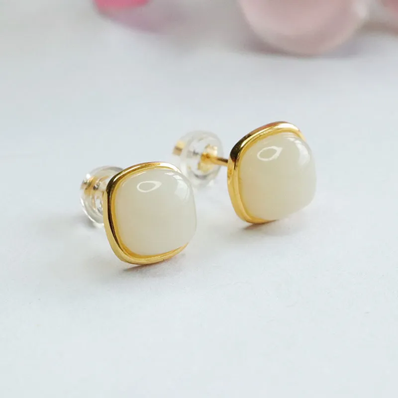 White Jade and Sterling Silver Earrings with Inlaid Natural Hotan Jade