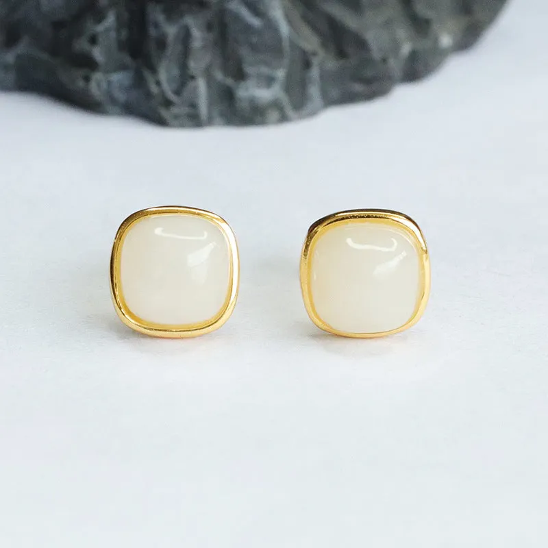 White Jade and Sterling Silver Earrings with Inlaid Natural Hotan Jade