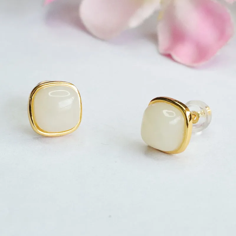 White Jade and Sterling Silver Earrings with Inlaid Natural Hotan Jade