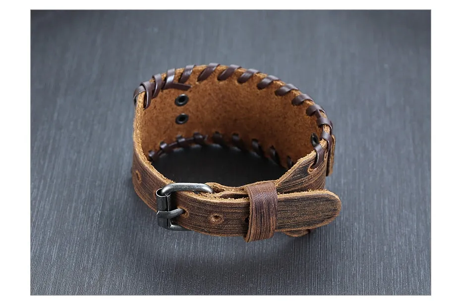 Wide Metal Talisman Style Leather Bracelet