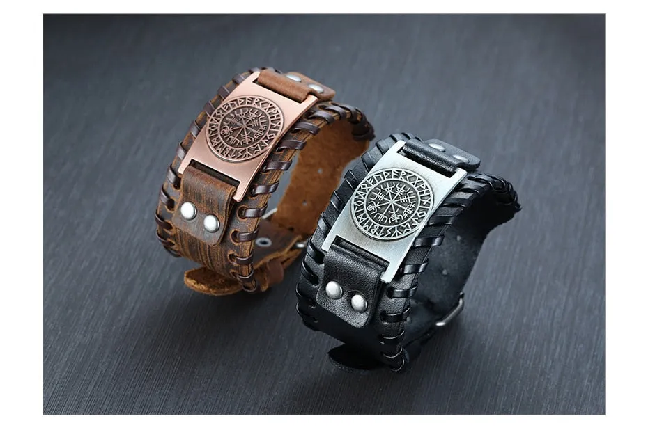 Wide Metal Talisman Style Leather Bracelet