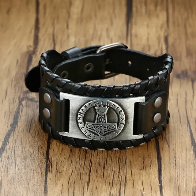 Wide Metal Talisman Style Leather Bracelet