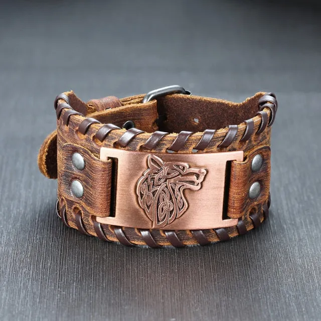 Wide Metal Talisman Style Leather Bracelet