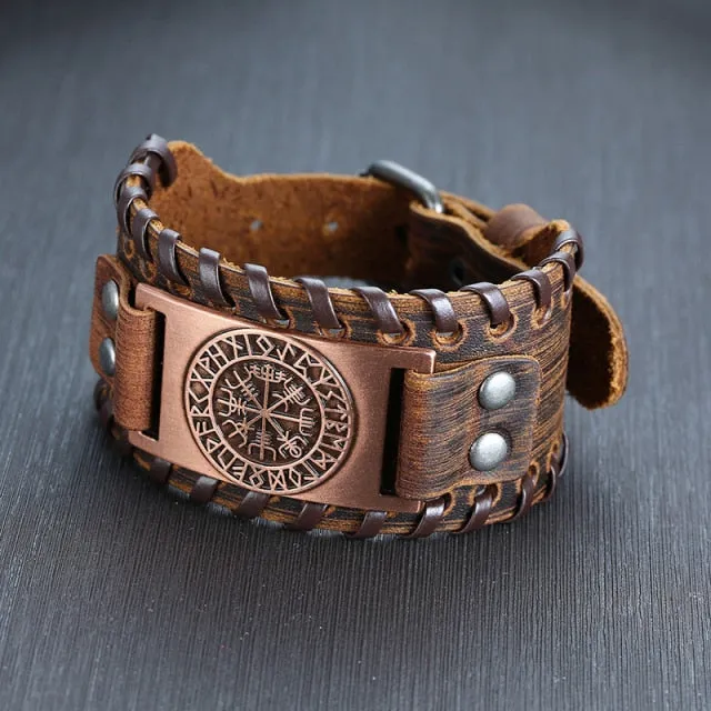 Wide Metal Talisman Style Leather Bracelet