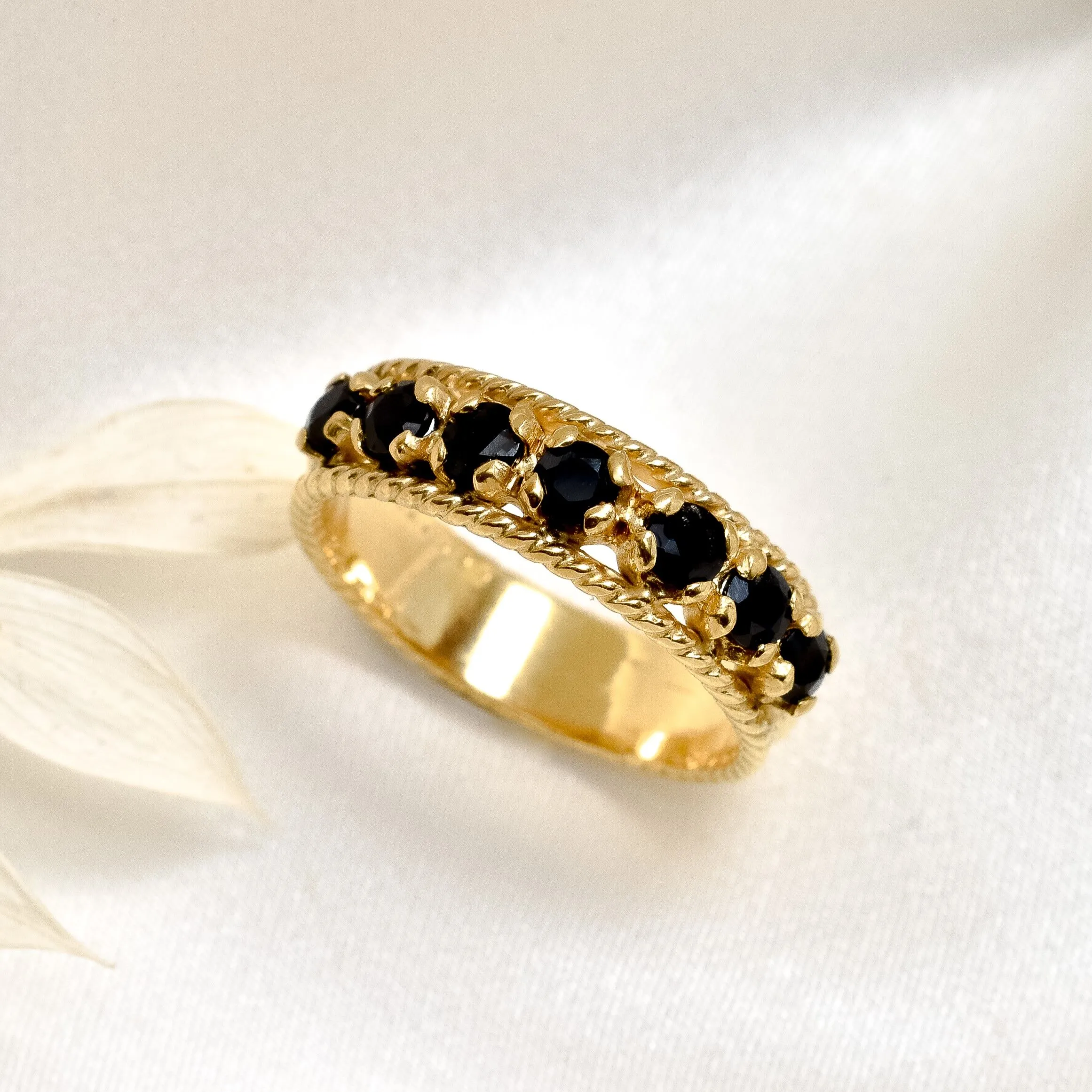 Wide Onyx Band - Black Eternity Ring - Gold Onyx Band